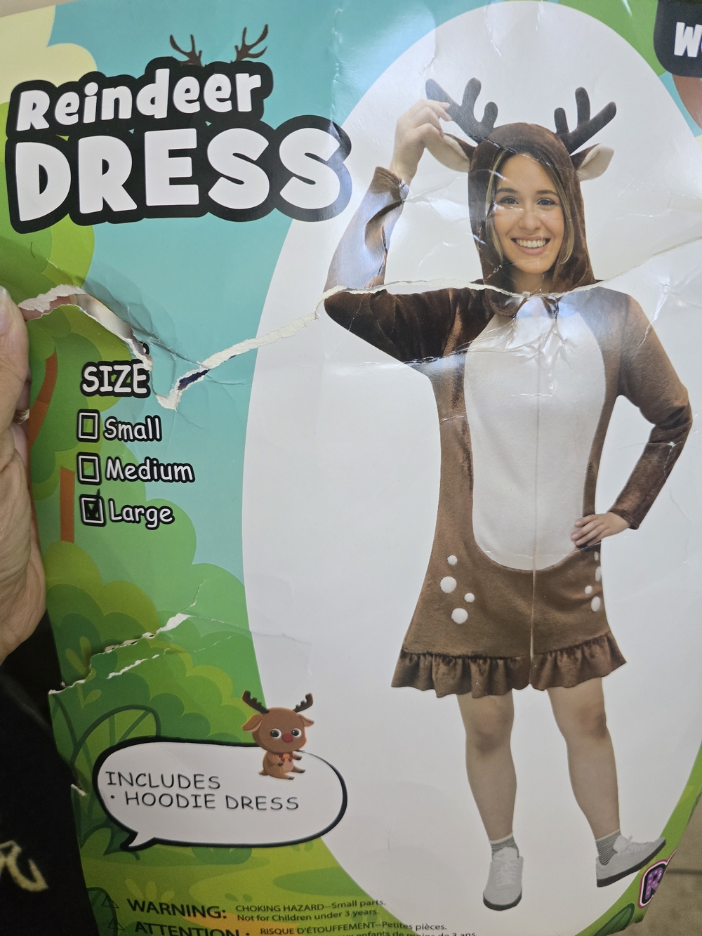 Reindeer Hoodie Dress - Women's Long Sleeve Brown Costume Dress